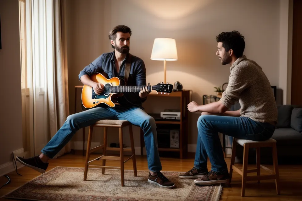 Micro placé devant la grille d'un ampli à lampes dans un salon, pendant une séance d'enregistrement maison en guitare débutant