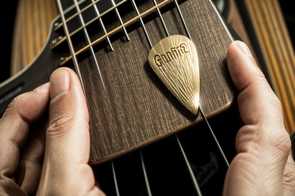 Gros plan d'une main jouant de la guitare avec une tablature en arrière-plan.