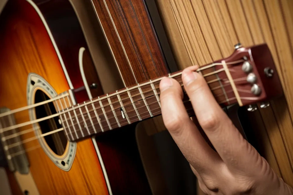 Détail des doigts d'un débutant plaquant un accord sur le manche d'une guitare.