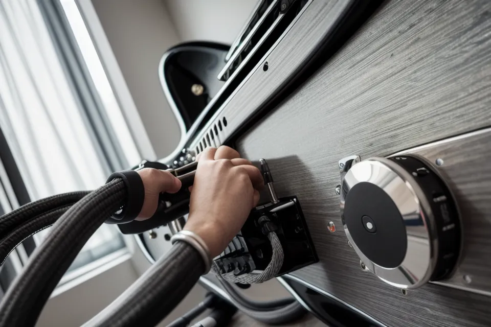 Main branchant un câble jack de guitare dans une interface audio externe