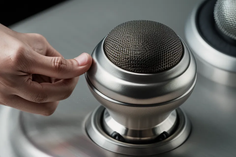 Gros plan sur le bouton de gain d'une interface audio avec un voyant rouge