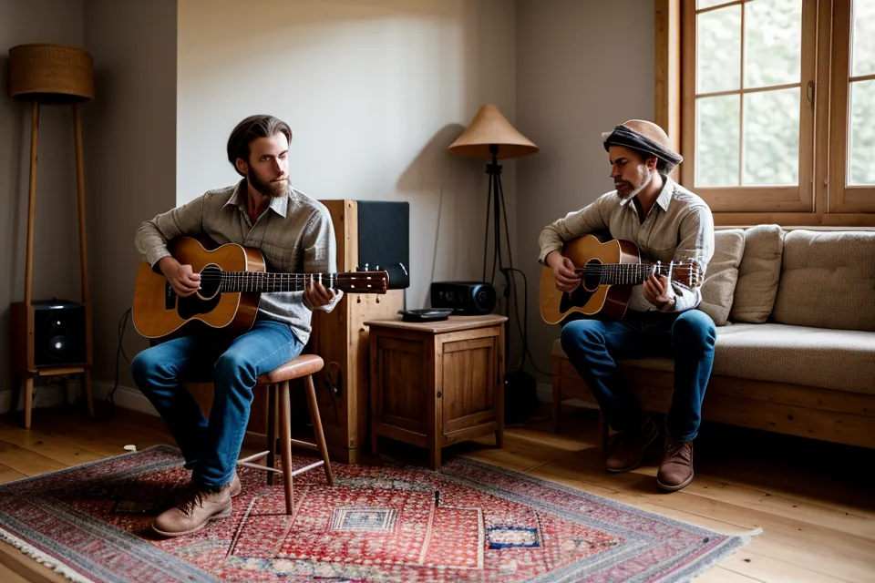 Main d'un débutant en guitare acoustique avec un smartphone calé près de la douzième frette pour l'enregistrement