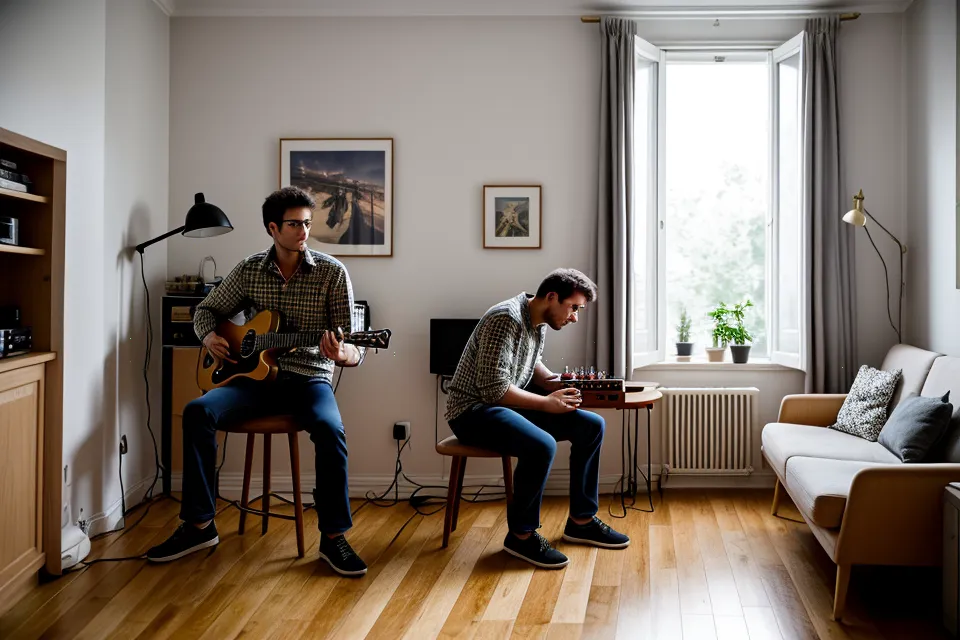 Guitare électrique posée dans un coin home studio de débutant à Grenoble, prête pour une séance de rythme guitare